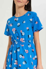 Load image into Gallery viewer, فستان بطبعة أزهار باللون الأزرق للبنات الكبار