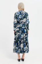 Load image into Gallery viewer, فستان ماكسي نسائي أزرق بطبعة زهور مع حزام