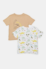 Load image into Gallery viewer, طقم تيشيرتات بطبعة دينو باللون الأبيض والبيج للأولاد الرضّع (قطعتين)