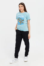 Load image into Gallery viewer, تي شيرت برسومات باللون الأزرق المخضر للفتيات الكبيرات