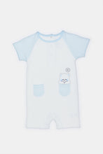 Load image into Gallery viewer, بدلة رومبير لحديثي الولادة باللونين الأبيض والأزرق مع جيوب