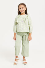 Load image into Gallery viewer, بلوزة بناتي مطبوعة بأكمام طويلة وكشكشة باللون الـأخضر