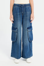Load image into Gallery viewer, بنطلون كارجو واسع باللون الأزرق للبنات الكبار