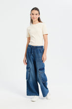 Load image into Gallery viewer, بنطلون كارجو واسع باللون الأزرق للبنات الكبار