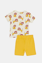 Load image into Gallery viewer, طقم بيجامة بطبعة نمر باللونين الكريمي والخردل للرضع (قطعتين)