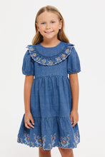 Load image into Gallery viewer, فستان بطبقات مطرز باللون الأزرق للفتيات