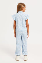 Load image into Gallery viewer, طقم توب وبنطلون مطبوع باللون الأزرق للبنات الصغار