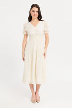 Load image into Gallery viewer, فستان بأكمام قصيرة وتفاصيل علي الخصر باللون الكريمي للنساء