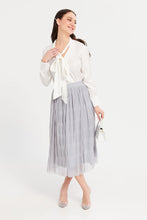 Load image into Gallery viewer, بلوزة ستان مزينة بتفاصيل وياقة برباط باللون العاجي للنساء