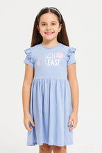 Load image into Gallery viewer, فستان مزين بكشكش علي الأكمام باللون الأزرق للبنات الصغار