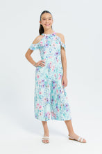 Load image into Gallery viewer, جمبسوت بطبعة زهر و قصة بكسرات باللون الأزرق للبنات الكبار