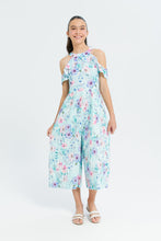 Load image into Gallery viewer, جمبسوت بطبعة زهر و قصة بكسرات باللون الأزرق للبنات الكبار