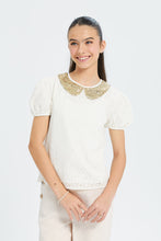 Load image into Gallery viewer, توب مزين بياقة بيتر بان من الترتر باللون البيج للبنات الكبار