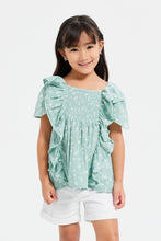 Load image into Gallery viewer, توب مزين بطبعة وبكشكش علي الصدر باللون الأخضر للبنات الصغار