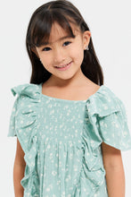 Load image into Gallery viewer, توب مزين بطبعة وبكشكش علي الصدر باللون الأخضر للبنات الصغار