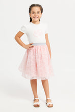 Load image into Gallery viewer, طقم توب وتنورة مزين باللون الوردي والأبيض للبنات الصغار (قطعتين)