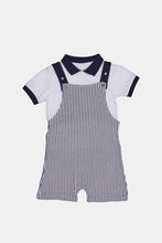 Load image into Gallery viewer, طقم دانجري مخطط باللون الأزرق والأبيض لحديثي الولادة (قطعتين)