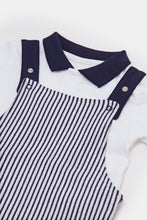 Load image into Gallery viewer, طقم دانجري مخطط باللون الأزرق والأبيض لحديثي الولادة (قطعتين)