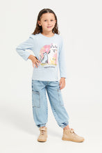 Load image into Gallery viewer, بنطلون جينز بحزام فيونكة باللون الأزرق للبنات