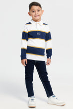 Load image into Gallery viewer, بنطلون جينز أزرق داكن بحزام وخمسة جيوب للأولاد