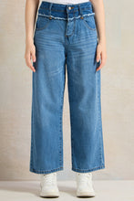 Load image into Gallery viewer, بنطلون جينز واسع الساق باللون الأزرق الداكن للفتيات في سن المراهقة