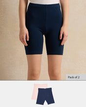 Load image into Gallery viewer, شورت ركوب الدراجات للفتيات الكبيرات باللون الأزرق البحري والوردي (عبوة من قطعتين)