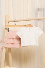 Load image into Gallery viewer, قميص باليرينا أبيض للبنات الرضع مع تنورة شبكية لامعة مطوية