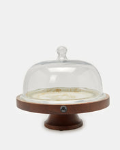 Load image into Gallery viewer, حامل كيك دائري خشبي عاجي اللون مع قبة زجاجية وطبعة مينا ذهبية