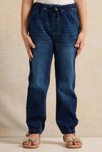 Load image into Gallery viewer, بنطلون جينز ضيق بجيوب وكشكشة باللون الأزرق الداكن للبنات