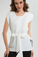 Load image into Gallery viewer, White Textured Top With Belt بلوزة بارزة الملمس باللون الأبيض
