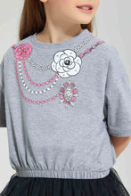 Load image into Gallery viewer, Grey Mélange Top With Studs and Placement Print بلوزة باللون الرمادي بطبعة