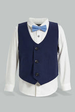 Load image into Gallery viewer, Navy Vest And White Shirt Set For Baby Boys (3 Piece) طقم قميص أبيض وفست كحلي مع ربطة عنق باللون الأزرق (3 قطع)
