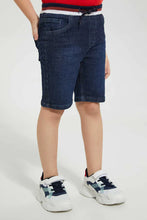 Load image into Gallery viewer, Navy Ribbed Waistband Jean Short شورت جينز بخصر مضلع باللون الكحلي