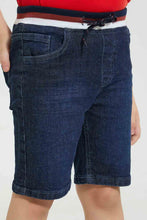 Load image into Gallery viewer, Navy Ribbed Waistband Jean Short شورت جينز بخصر مضلع باللون الكحلي