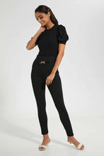 Load image into Gallery viewer, Black Legging Waist Band Trim ليغينغ باللون الأسود مزين