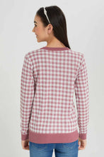 Load image into Gallery viewer, بلوفر كاروهات باللون الوردي والأبيض للبنات الكبار