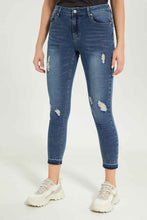 Load image into Gallery viewer, بنطلون جينز باللون الأزرق بخصر عالي للنساء