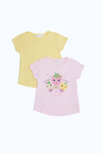 Load image into Gallery viewer, طقم تيشيرت مطبوع باللون الأصفر والوردي للبنات الرضّع (قطعتين)