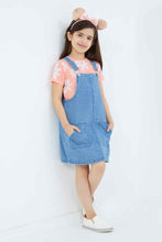 Load image into Gallery viewer, طقم فستان باللون الأبيض والأزرق مع تيشيرت للبنات الصغار (قطعتين)