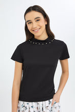 Load image into Gallery viewer, بلوزة برقبة عالية باللون الأسود للبنات الكبار