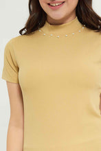 Load image into Gallery viewer, تيشيرت برقبة عالية باللون البيج للبنات الكبار
