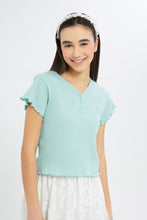 Load image into Gallery viewer, تيشيرت سادة مضلع باللون الأزرق للبنات الكبار