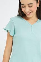 Load image into Gallery viewer, تيشيرت سادة مضلع باللون الأزرق للبنات الكبار