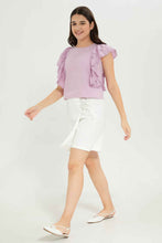 Load image into Gallery viewer, بلوزة بنفسجي بكم واسع مزين للبنات الكبار