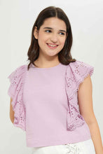 Load image into Gallery viewer, بلوزة بنفسجي بكم واسع مزين للبنات الكبار