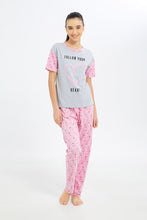 Load image into Gallery viewer, طقم بيجامة باللون الوردي و الرمادي للبنات الكبار (قطعتين )