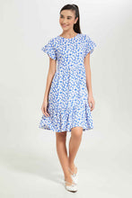 Load image into Gallery viewer, فستان بطبعة زهر باللون الأزرق للبنات الكبار