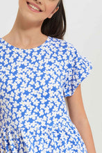 Load image into Gallery viewer, فستان بطبعة زهر باللون الأزرق للبنات الكبار