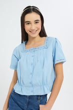 Load image into Gallery viewer, بلوزة قصيرة برقبة مربعة اللون الأزرق للبنات الكبار