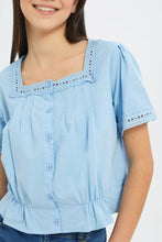 Load image into Gallery viewer, بلوزة قصيرة برقبة مربعة اللون الأزرق للبنات الكبار